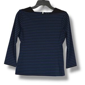 Caslon 3/4 Sleeve Rear Zipper Blue Black Stripe Knit  Top Size Small